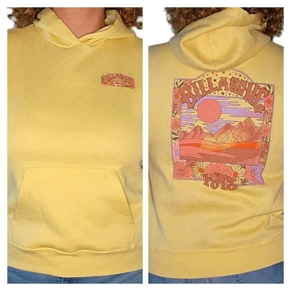 Billabong Size Medium Printed Pullover Sleeveless Hoodie Yellow Cutoff Sleeves - Picture 1 of 6
